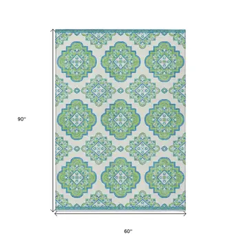 5' X 8' Lime Green And Ivory Medallion Washable Indoor Outdoor Area Rug
