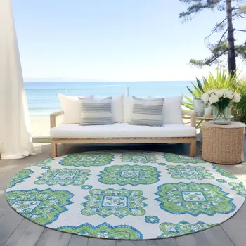 8' Lime Green And Ivory Round Medallion Washable Indoor Outdoor Area Rug