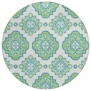 8' Lime Green And Ivory Round Medallion Washable Indoor Outdoor Area Rug