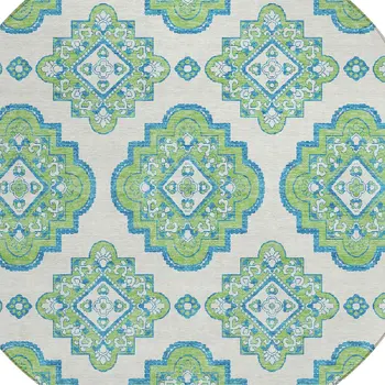 8' Lime Green And Ivory Round Medallion Washable Indoor Outdoor Area Rug
