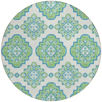 8' Lime Green And Ivory Round Medallion Washable Indoor Outdoor Area Rug