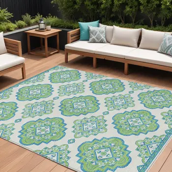 8' X 10' Lime Green And Ivory Medallion Washable Indoor Outdoor Area Rug