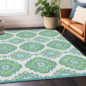 8' X 10' Lime Green And Ivory Medallion Washable Indoor Outdoor Area Rug