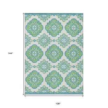 9' X 12' Lime Green And Ivory Medallion Washable Indoor Outdoor Area Rug