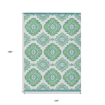 10' X 14' Lime Green And Ivory Medallion Washable Indoor Outdoor Area Rug
