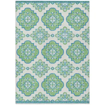 10' X 14' Lime Green And Ivory Medallion Washable Indoor Outdoor Area Rug