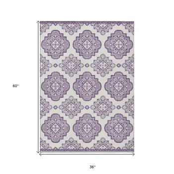 3' X 5' Lavender And Ivory Medallion Washable Indoor Outdoor Area Rug