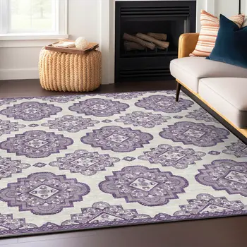 3' X 5' Lavender And Ivory Medallion Washable Indoor Outdoor Area Rug