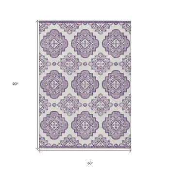 5' X 8' Lavender And Ivory Medallion Washable Indoor Outdoor Area Rug