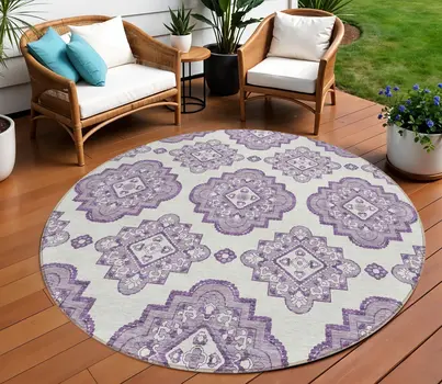 8' Lavender And Ivory Round Medallion Washable Indoor Outdoor Area Rug