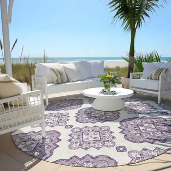 8' Lavender And Ivory Round Medallion Washable Indoor Outdoor Area Rug