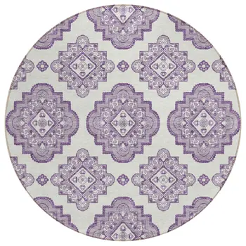 8' Lavender And Ivory Round Medallion Washable Indoor Outdoor Area Rug