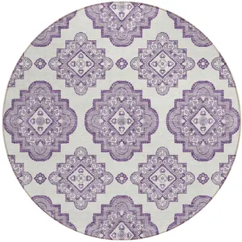 8' Lavender And Ivory Round Medallion Washable Indoor Outdoor Area Rug