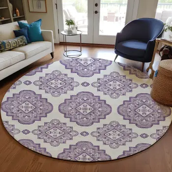 8' Lavender And Ivory Round Medallion Washable Indoor Outdoor Area Rug