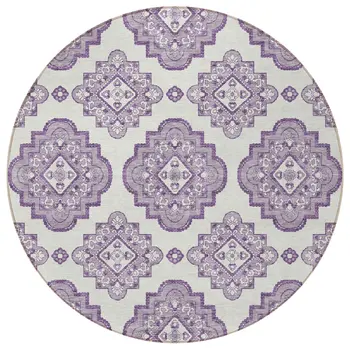 8' Lavender And Ivory Round Medallion Washable Indoor Outdoor Area Rug
