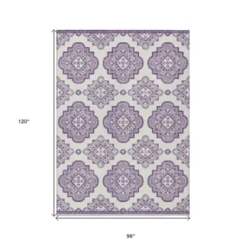 8' X 10' Lavender And Ivory Medallion Washable Indoor Outdoor Area Rug