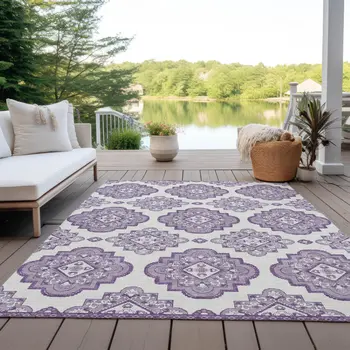8' X 10' Lavender And Ivory Medallion Washable Indoor Outdoor Area Rug