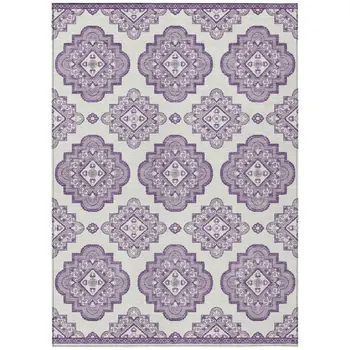 8' X 10' Lavender And Ivory Medallion Washable Indoor Outdoor Area Rug