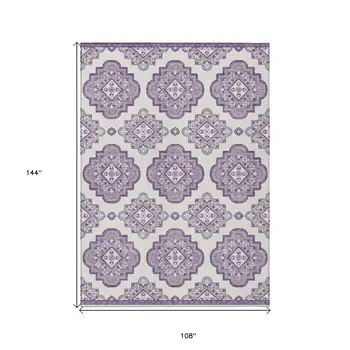 9' X 12' Lavender And Ivory Medallion Washable Indoor Outdoor Area Rug