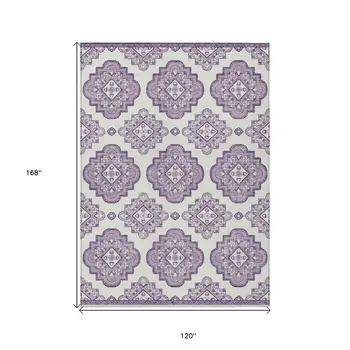 10' X 14' Lavender And Ivory Medallion Washable Indoor Outdoor Area Rug