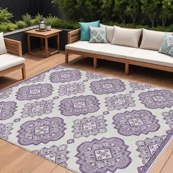 10' X 14' Lavender And Ivory Medallion Washable Indoor Outdoor Area Rug