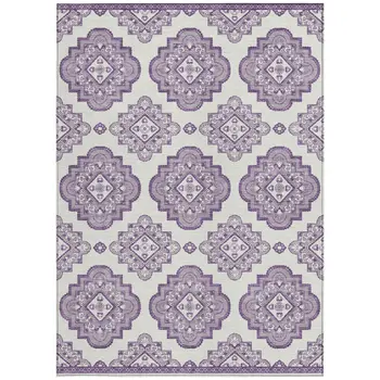 10' X 14' Lavender And Ivory Medallion Washable Indoor Outdoor Area Rug