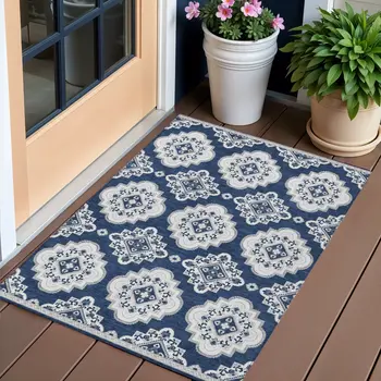 3' X 5' Navy Blue And Ivory Medallion Washable Indoor Outdoor Area Rug