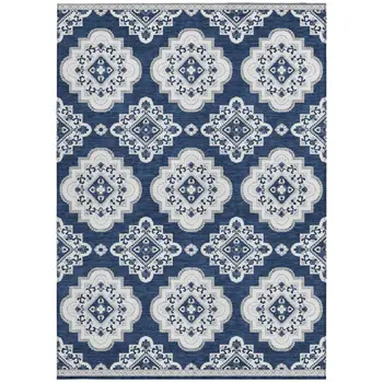 3' X 5' Navy Blue And Ivory Medallion Washable Indoor Outdoor Area Rug