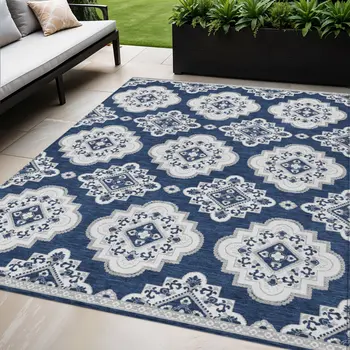 5' X 8' Navy Blue And Ivory Medallion Washable Indoor Outdoor Area Rug