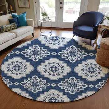 8' Navy Blue And Ivory Round Medallion Washable Indoor Outdoor Area Rug