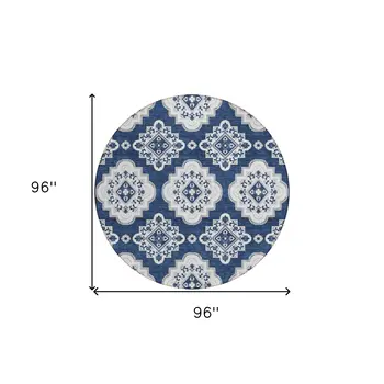 8' Navy Blue And Ivory Round Medallion Washable Indoor Outdoor Area Rug