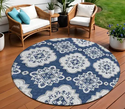 8' Navy Blue And Ivory Round Medallion Washable Indoor Outdoor Area Rug