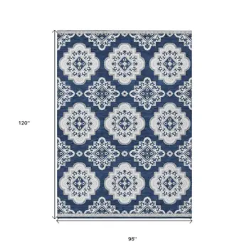 8' X 10' Navy Blue And Ivory Medallion Washable Indoor Outdoor Area Rug