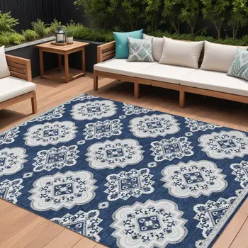 8' X 10' Navy Blue And Ivory Medallion Washable Indoor Outdoor Area Rug