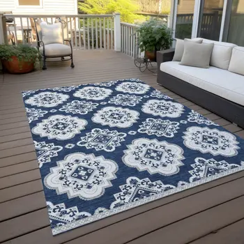 8' X 10' Navy Blue And Ivory Medallion Washable Indoor Outdoor Area Rug