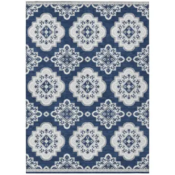 8' X 10' Navy Blue And Ivory Medallion Washable Indoor Outdoor Area Rug