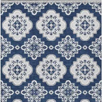 8' X 10' Navy Blue And Ivory Medallion Washable Indoor Outdoor Area Rug