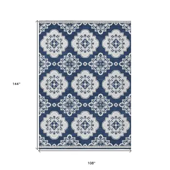 9' X 12' Navy Blue And Ivory Medallion Washable Indoor Outdoor Area Rug