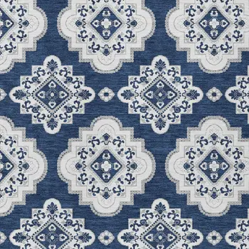 9' X 12' Navy Blue And Ivory Medallion Washable Indoor Outdoor Area Rug