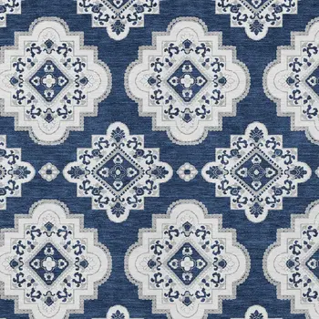 10' X 14' Navy Blue And Ivory Medallion Washable Indoor Outdoor Area Rug