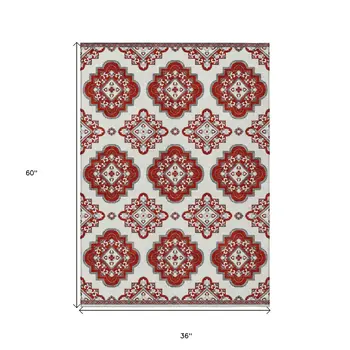 3' X 5' Red And Beige Medallion Washable Indoor Outdoor Area Rug