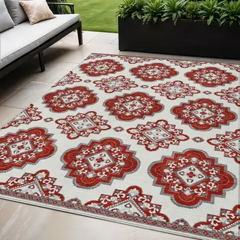 5' X 8' Red And Beige Medallion Washable Indoor Outdoor Area Rug