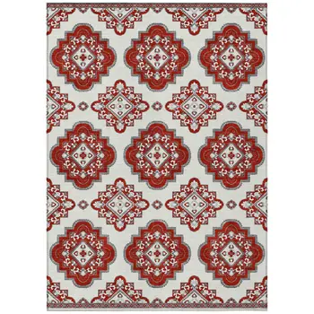 5' X 8' Red And Beige Medallion Washable Indoor Outdoor Area Rug