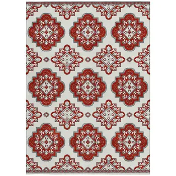 5' X 8' Red And Beige Medallion Washable Indoor Outdoor Area Rug