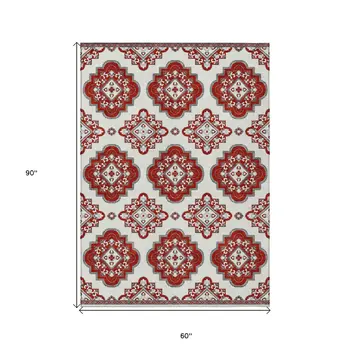5' X 8' Red And Beige Medallion Washable Indoor Outdoor Area Rug