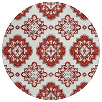 8' Red And Beige Round Medallion Washable Indoor Outdoor Area Rug