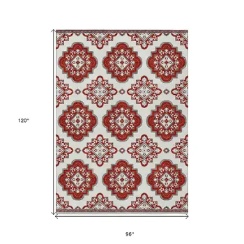8' X 10' Red And Beige Medallion Washable Indoor Outdoor Area Rug