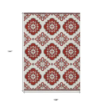 9' X 12' Red And Beige Medallion Washable Indoor Outdoor Area Rug