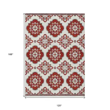 10' X 14' Red And Beige Medallion Washable Indoor Outdoor Area Rug