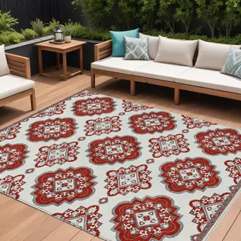 10' X 14' Red And Beige Medallion Washable Indoor Outdoor Area Rug
